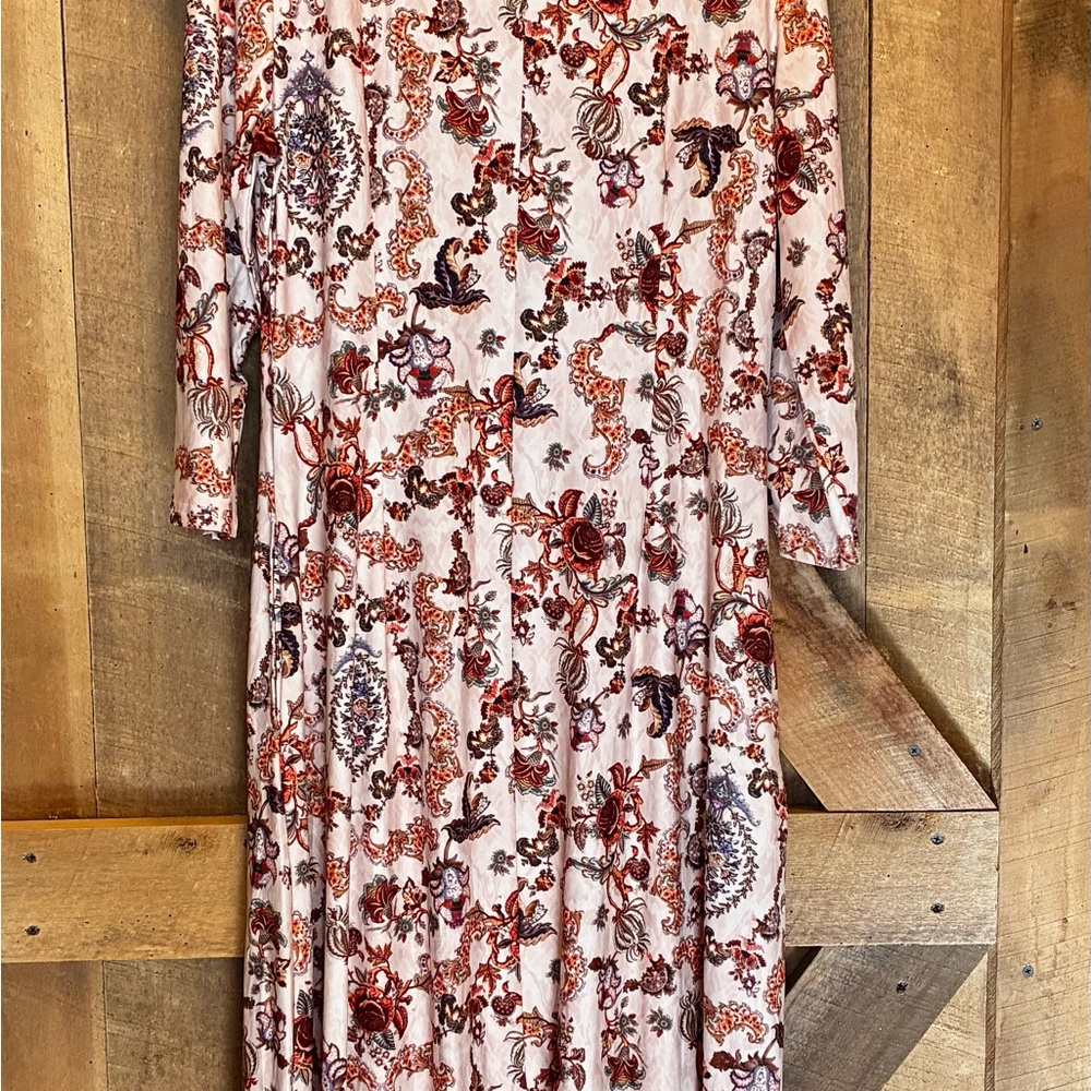 French Floral Long Sleeve Dress with Splashes of Orange & Brown - Picture 3 of 7